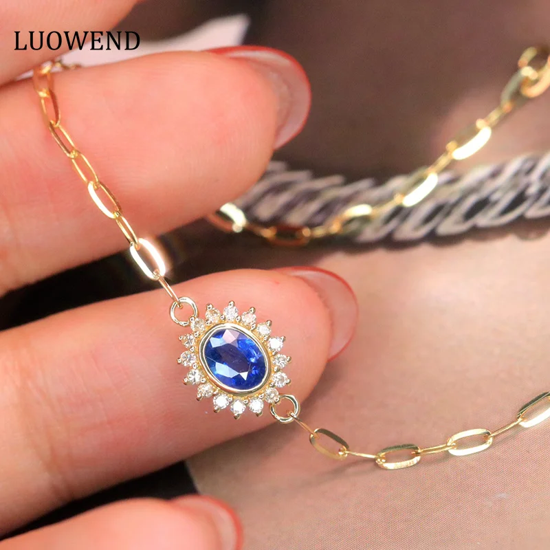 LUOWEND 100% 18K Yellow Gold Bracelet Real Natural Sapphire Fine Romantic Flower Shape Bracelet Jewelry for Women Holiday Gift