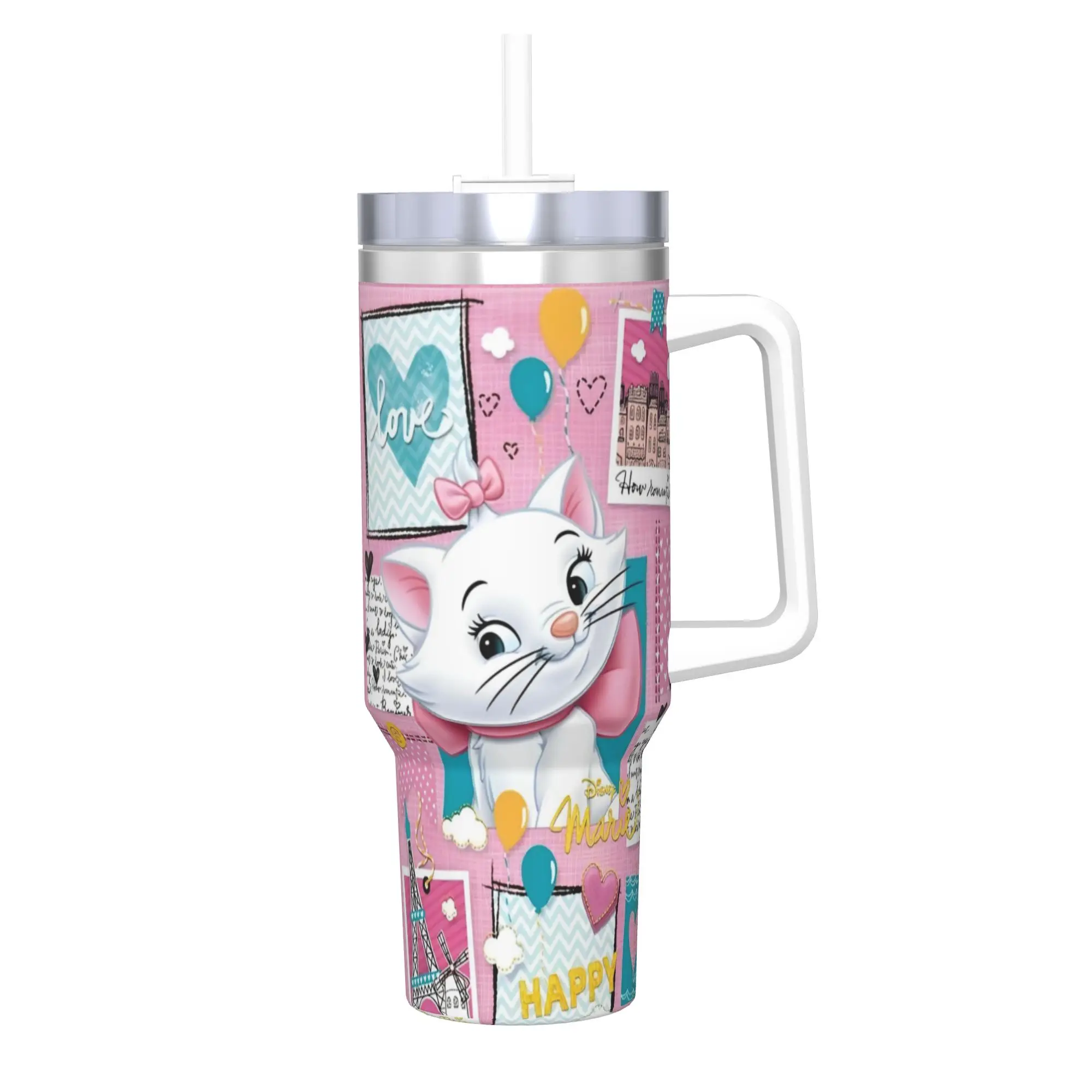 Stainless Steel Aristocats Marie Cat Tumbler with Straw - Large Capacity Thermal Mug