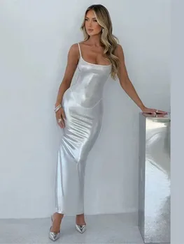 Faux Leather Slim Spaghetti Strap Dress For Women Strap Long Dresses Package Hip Bodycon Sexy Low Cut Party Evening Vestidos