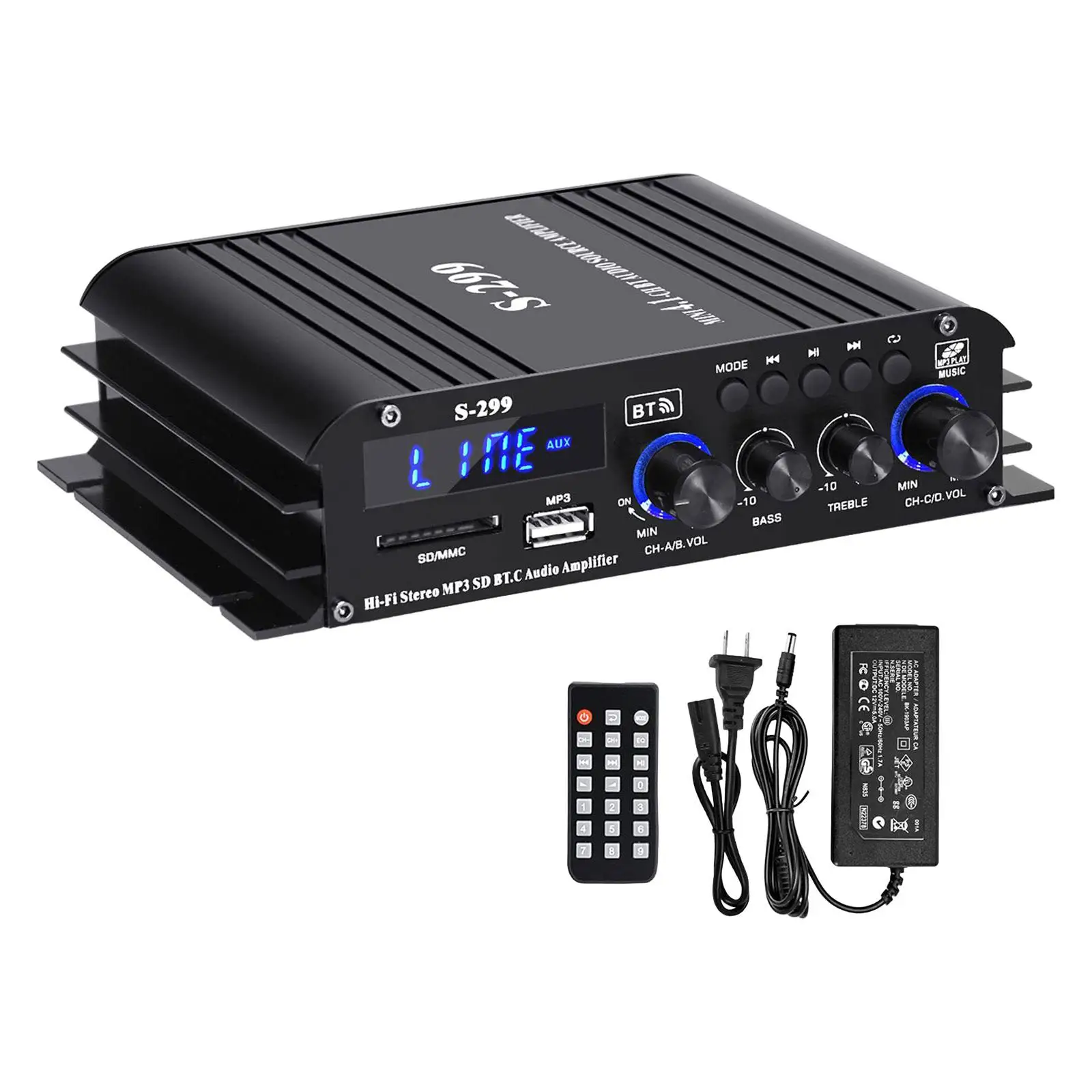 Digital Power Amplifier 4.1 Channel for Car Home Bar Party Subwoofer Mini HiFi Stereo Amp with Power Adapter with Remote Control