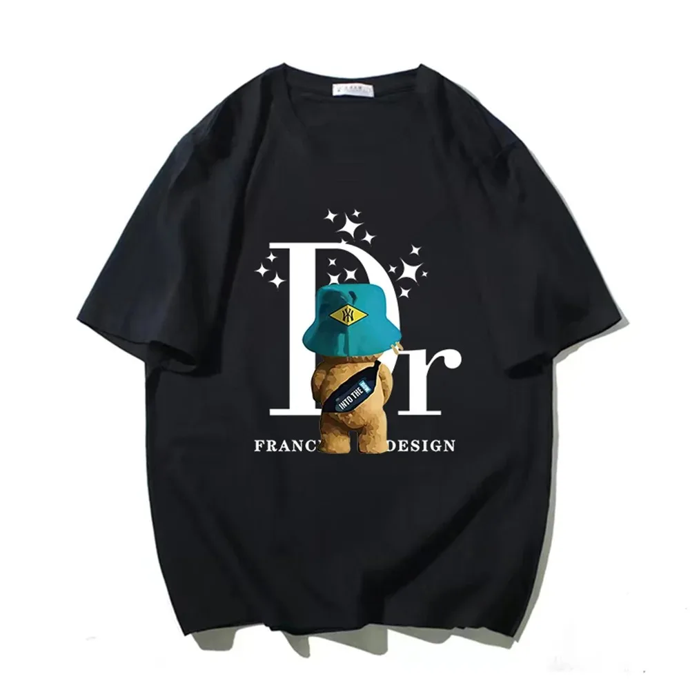 

Cute Teddy Bear Drinking Beer Poster Funny Printed Cotton T-Shirt Men's Fashion Brand Casual Short Sleeve Street Hip Hop Top