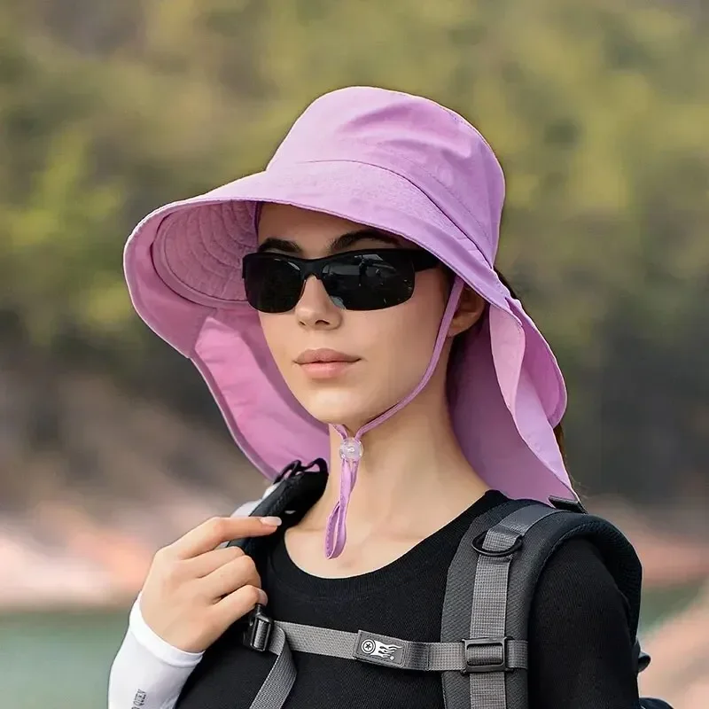 Sun hat Summer Hats for Women Outdoor UV Anti Neck Protection Sun Visors for Lady Fishing Hiking Wide Brim Shawl Sunscreen Ponytail Cap