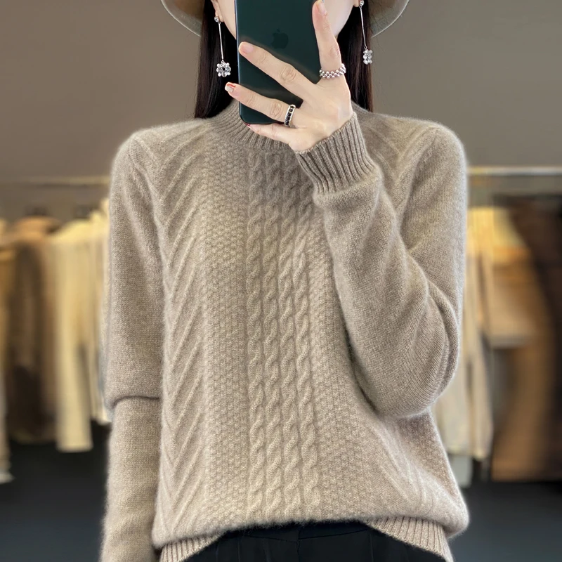 

Fall/winter semi-turtleneck sweater ladies 100% pure wool sweater solid color twisted thick warm loose pullover bottoming shirt