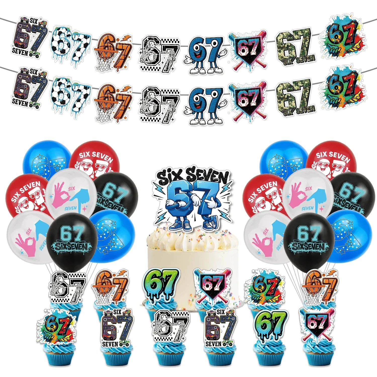 Funny 67 Six Seven Party Decorations, 67 MemeThemed Party  Decorations Set Includes Banner, Cake Topper, Cupcake Toppers, Ballon
