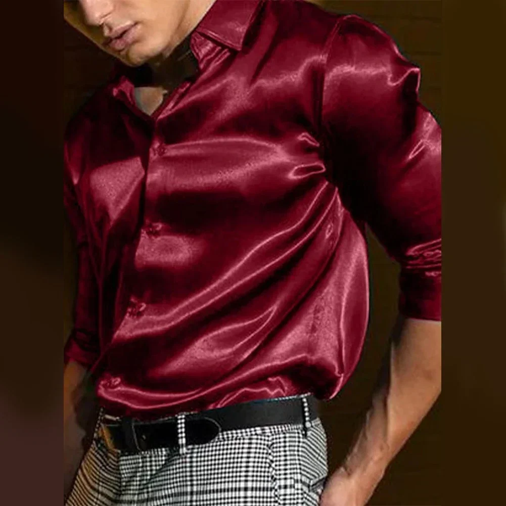 Casual Men's Satin Silky Dress Shirts Long Sleeve Social Single Breasted Turn-Down Collar Shirts Wedding Party Men clothes
