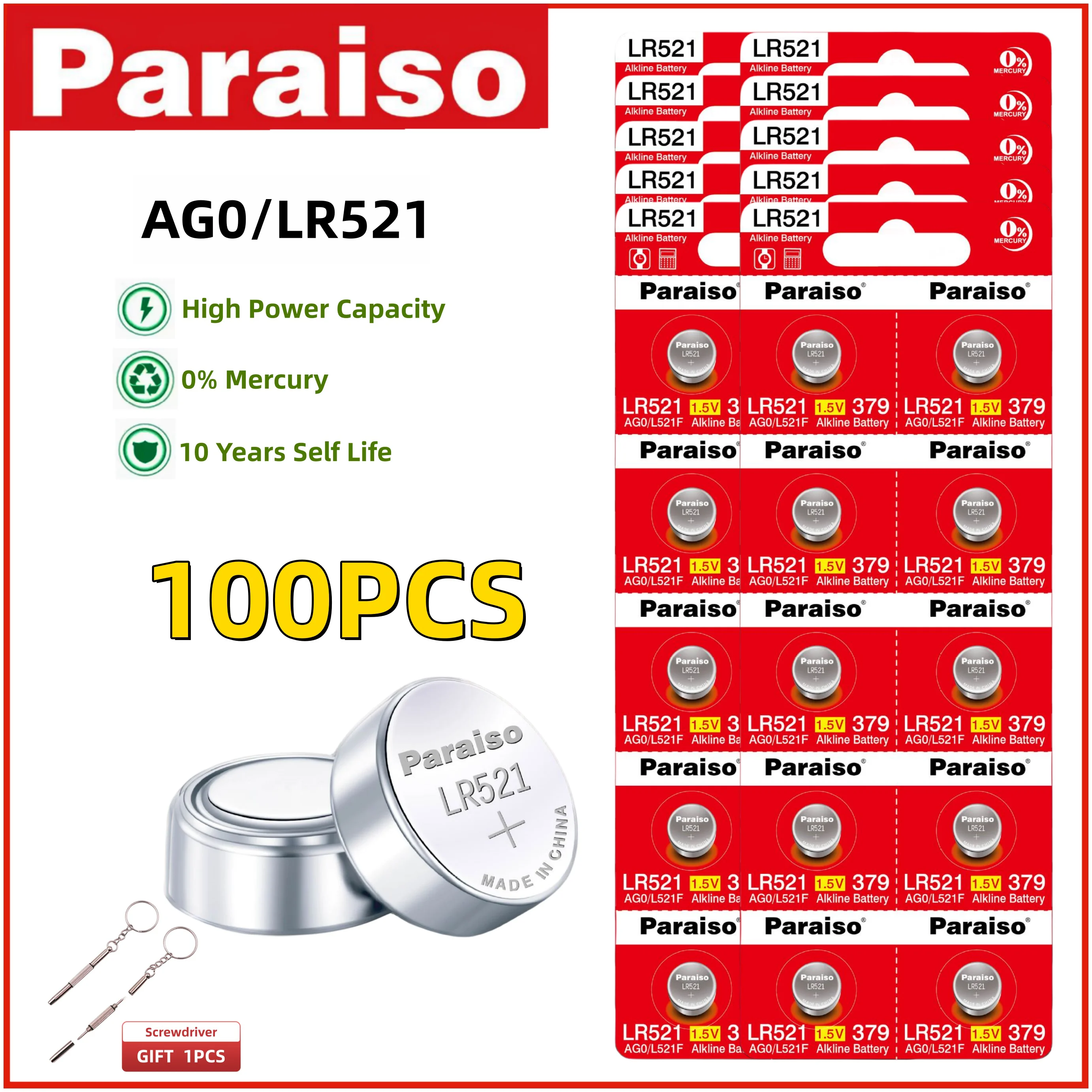 

Paraiso 4-100 шт. LR521 SR521SW AG0 батареи 10 лет срока годности 0% ртути щелочные кнопочные батареи для электронных устройств