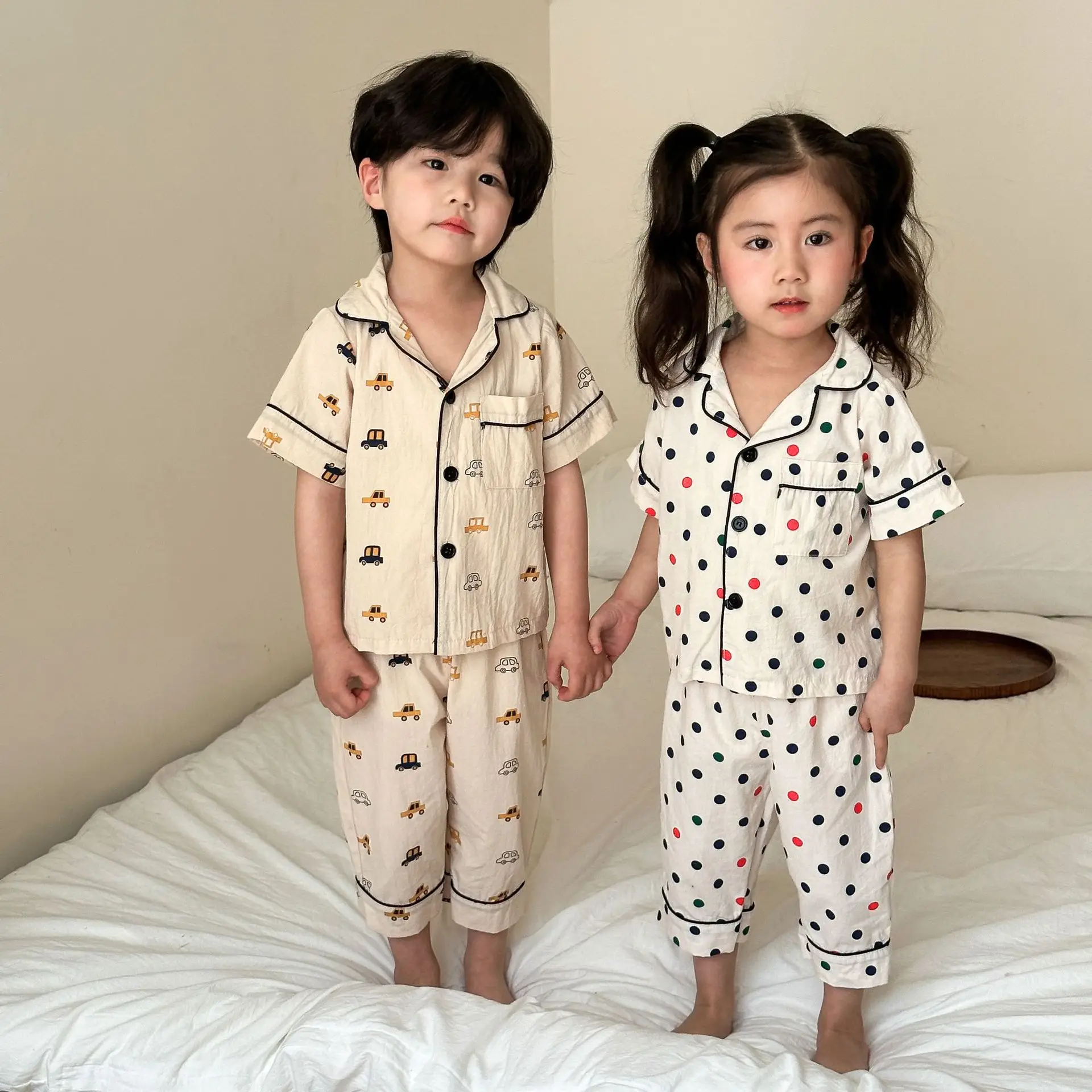 

Summer 2024 Kids Girls 2PCS Homewears Muslin Short Sleeve Dot Cartoon Printed Tops Thin Pants Suit Children Girls Pajamas