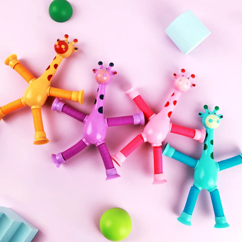 

4pcs Suction Cup Telescopic Tube Giraffe Variety Shape Luminous Stretch Tube Giraffe Educational Decompression Toy