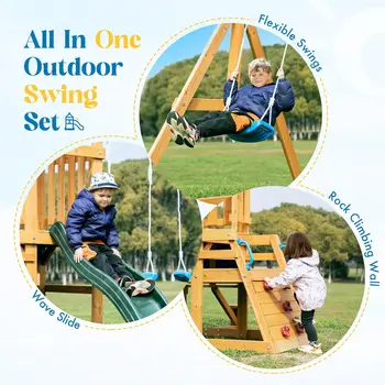 Robotime Robud Wooden Swing Set with Dual Swings Slide Rock Climbing Wall Chalkboard Telescope Fort for Backyard Fun for Kids 4