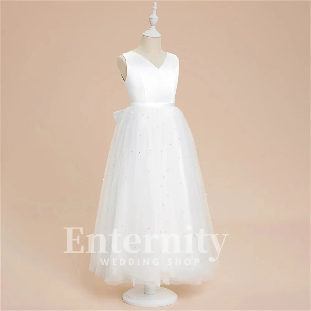 Flower Girl Dresses A-line V Neck Girls Elegant Dresses Ankle-Length Satin Tulle Beading Bow Wedding Dresses Vestidos Para Niñas