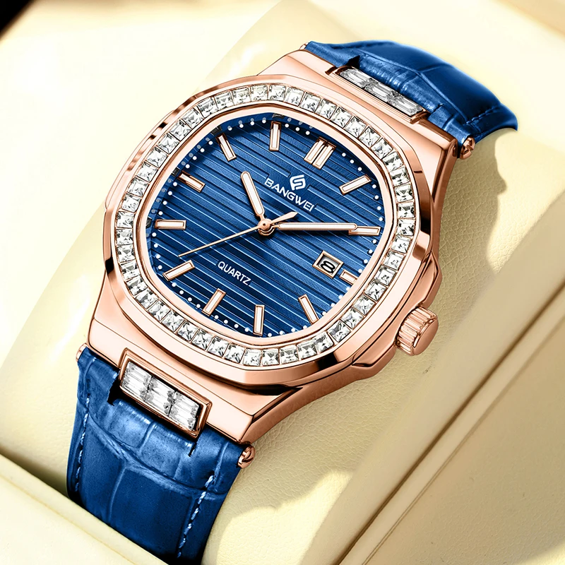 Elegant Women's Blue Leather Luminous Square Quartz Watch