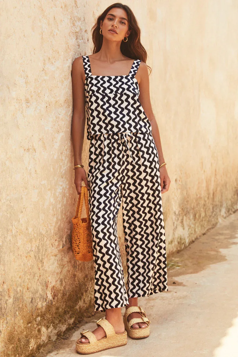 Women's Suit Suspender Casual Wide Leg Pants Two-piece Set Fashionable Square Neck Printed Vest Suit Set Women 2 Pieces
