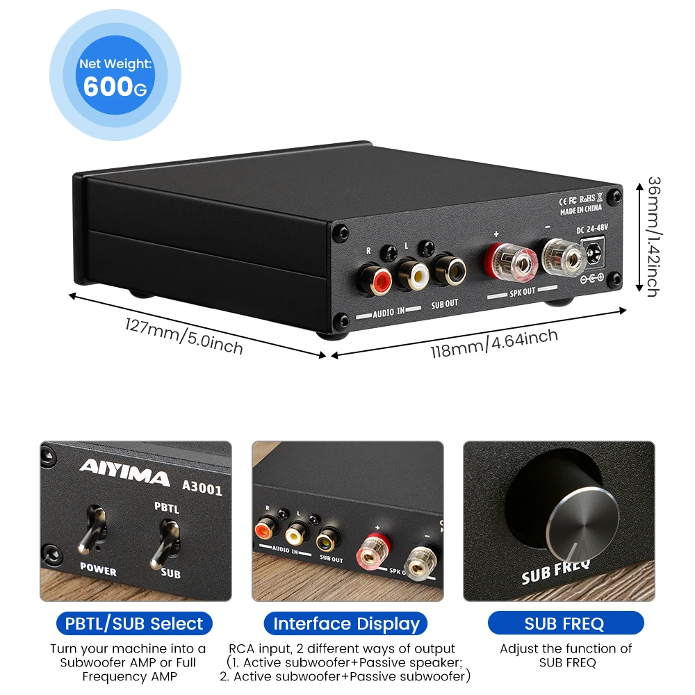 AIYIMA Áudio A3001 TPA3255 300W Subwoofer Amplificador HIFI Mono Potência Classe D AMP Digital para Falante Passivo Home Theater DIY