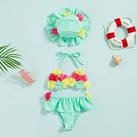 Infant Girls 3 Piece Swimsuits Flower Decor Tie-Up Halter Neck Tank Tops Ruffles Shorts Sun Hat Bikini Split Swimwear Set 0-24M 4
