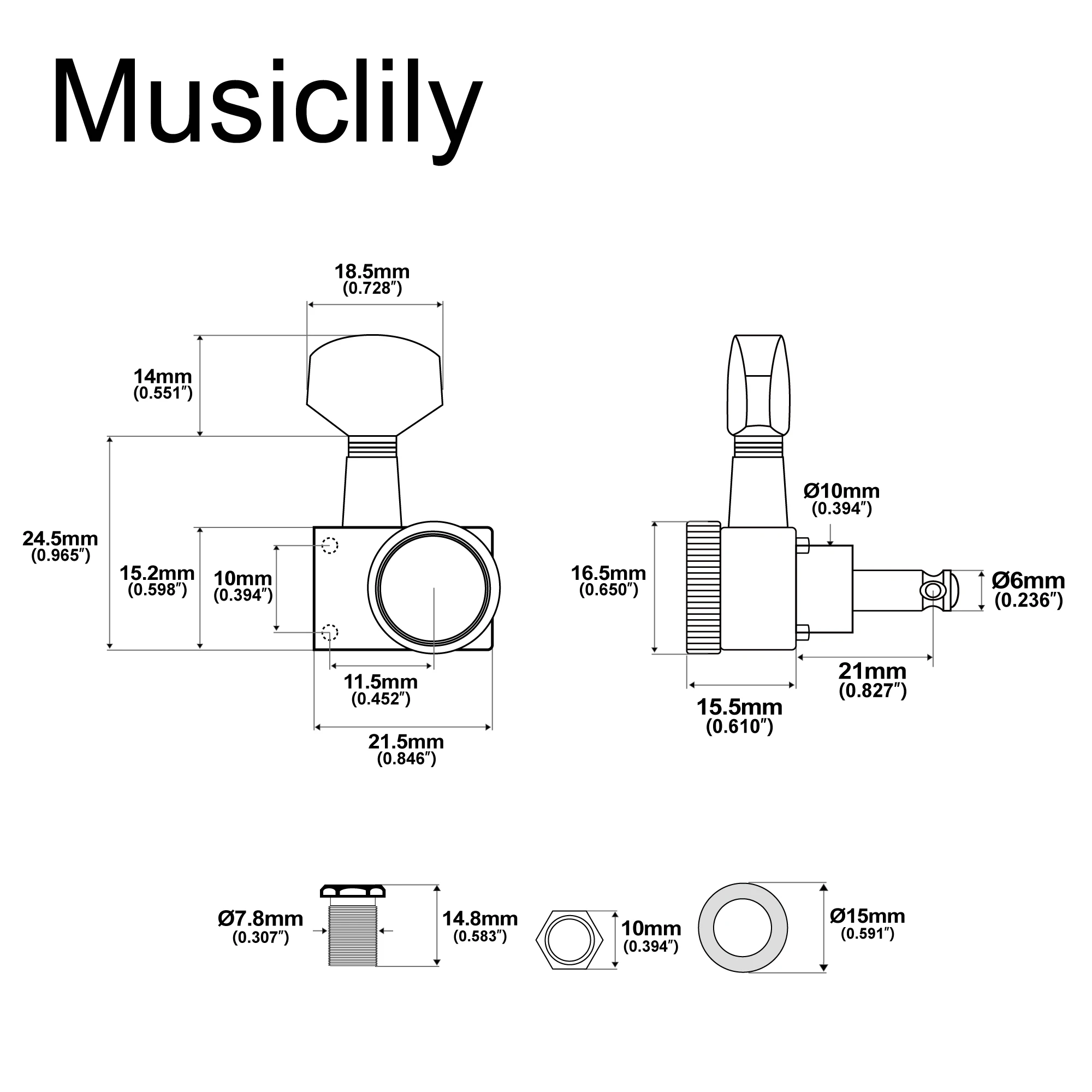 Musiclily Pro 18:1 비율 2핀 완전 밀봉 잠금 머신 헤드 튜너 튜닝 페그 키 (펜더 ST 텔레 기타용 육각 버튼 포함)