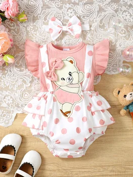 Fashionable Baby Girls' Casual Polka Dot Pattern Round Neck Flying Sleeve Cartoon Bear Embroidery Overall Dress With Hair Band, 1
