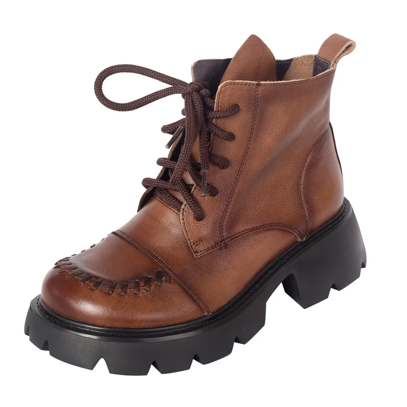 

Shoes Women Boots Genuine Leather 2022 New Autumn Winter Lace-Up Round Toe Leisure Concise Handmade Ladies Boots