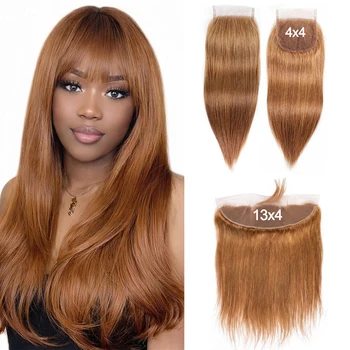 #30 Light Brown Straight 13x4 Lace Frontal Only 4x4 Lace Closure Transparent Swiss Lace Brazilian 100% Human Hair With Baby Hair 1