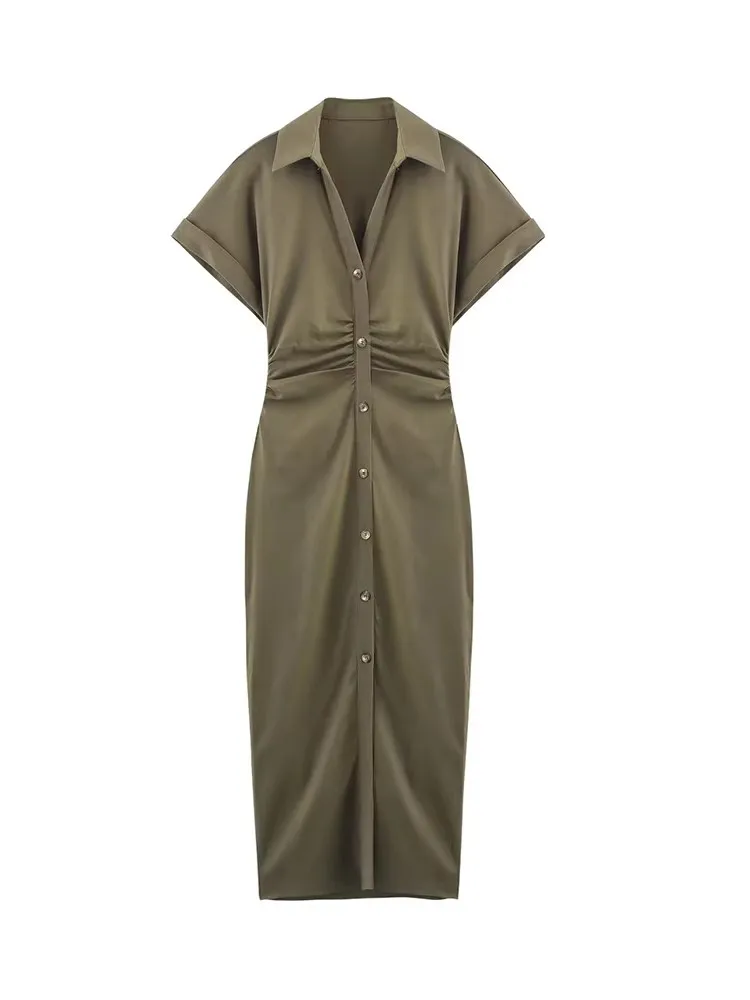 TFMLN 2025 Chic Women's Solid Folds Dresses Fashion Lapel Short Sleeve Single Breasted Slim Causal Dress Retro Side Zipper Dress