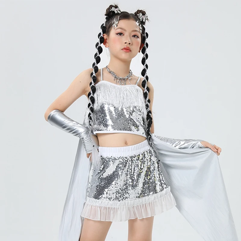 

New Cool Hip Hop Stage Costumes Silver Jazz Dance Performance Outfit Girl Catwalk Show Wear Children'S Clothes Jazz Sets VBH117