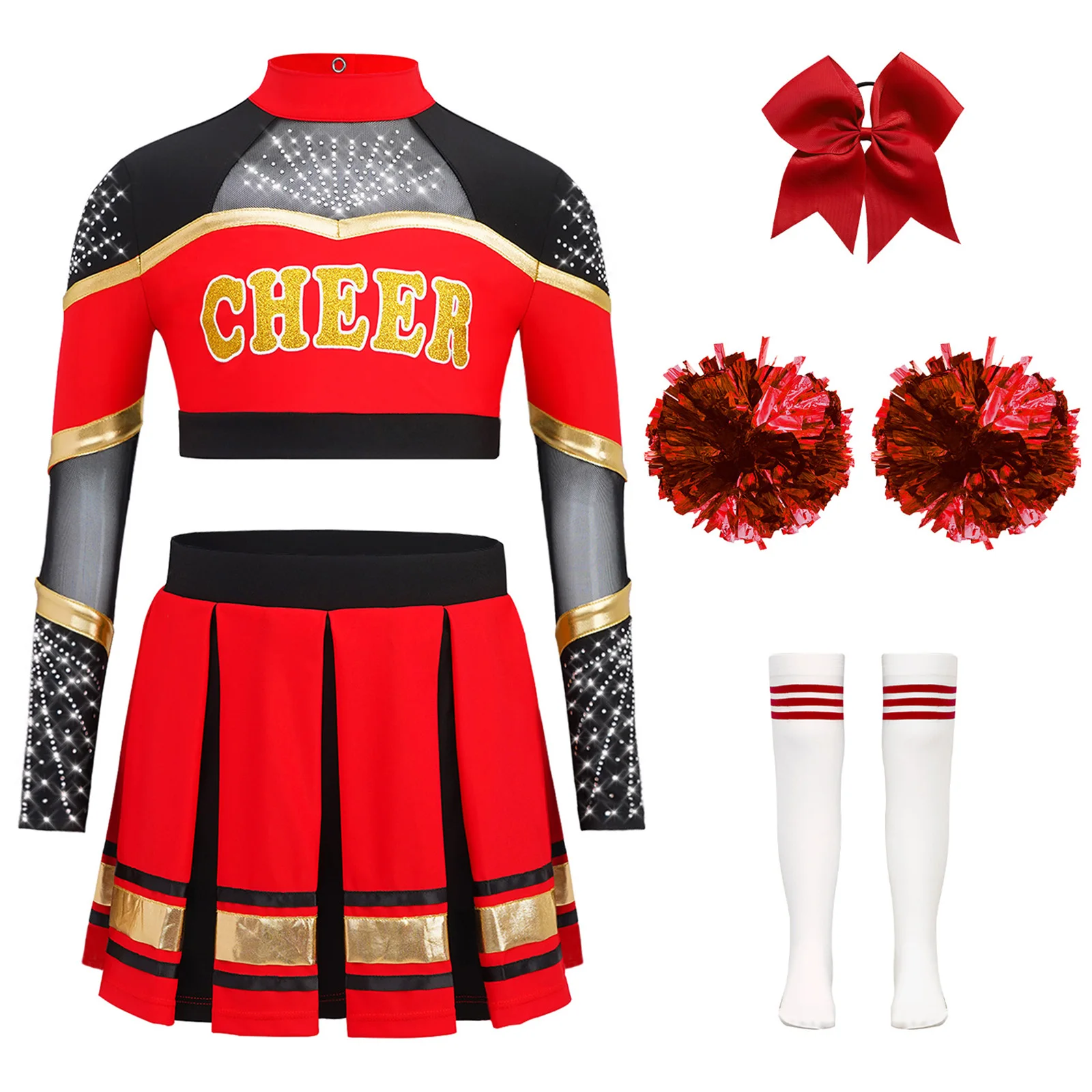 Cheerleader-Kostüm für Kinder, Mädchen, Cheerleading-Uniform, Tanz-Outfits, langärmeliges, transparentes Mesh-Crop-Top mit Strasssteinen und Faltenrock – Detail 24