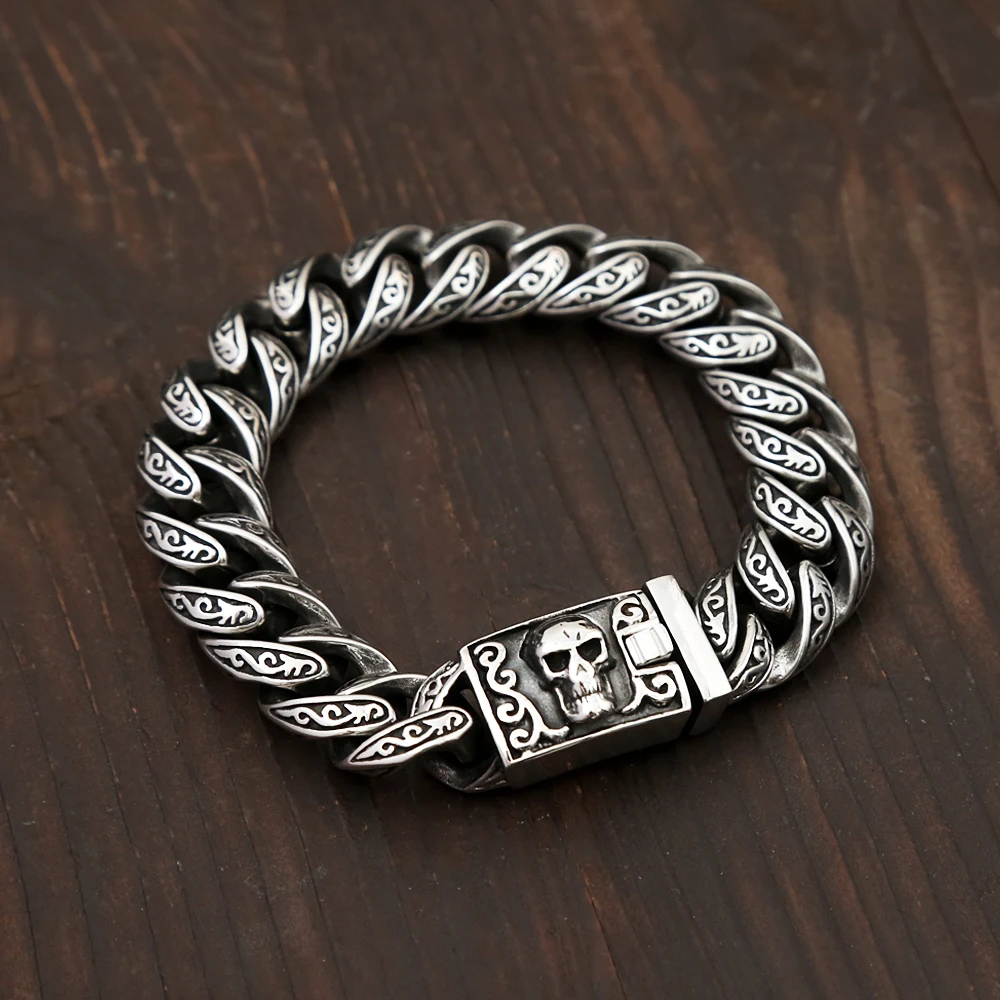 

Vintage 316L Stainless Steel Cuban Curb Bracelet With Ghost Head Bracelets For Men Boys Hip Hop Biker Fashion Jewelry Wholesale