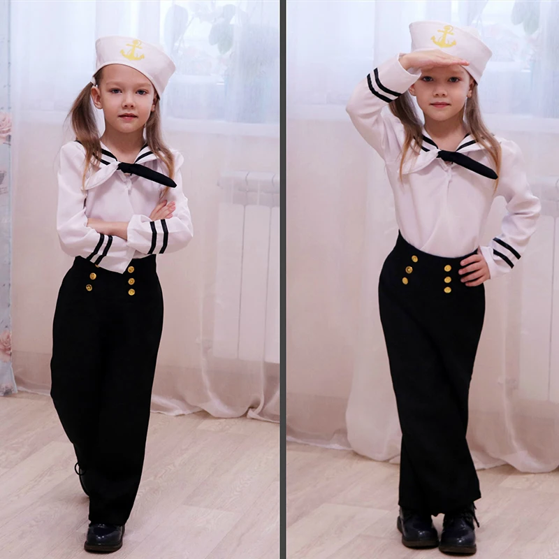 

Halloween Navy Sailor Uniform Girls Boat Games Cosplay Cool Costume Sets for Kids Shirt Pant Hat Clothes 3PCS Anime Clothes