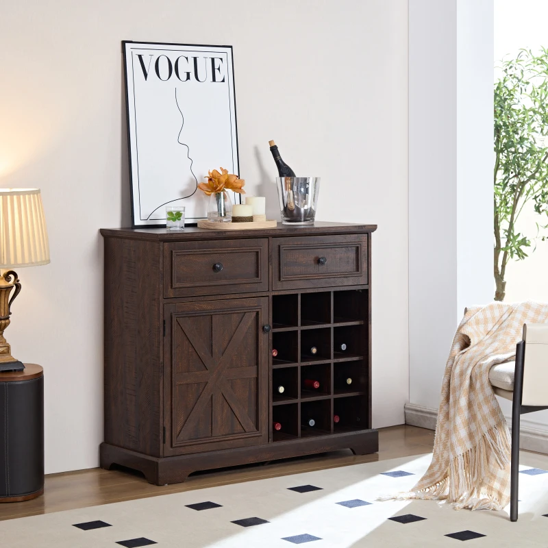 Farmhouse Buffet Cabinet with Storage Sideboard with 2 Drawers, Wine Bar Cabinet with Removable Wine Racks ,Espresso 2