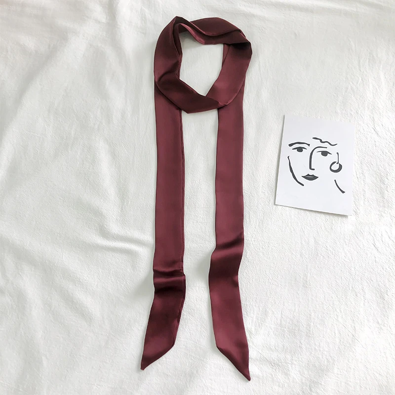 S8803a745d1624b3c9b2a6a583a7d7340Q Solid Color Long Silk Skinny Scarf Women Neck Skinny Scarves Hairband Lady Narrow Neckerchief Bag Ribbons Brand Choker Streamer Mallzona
