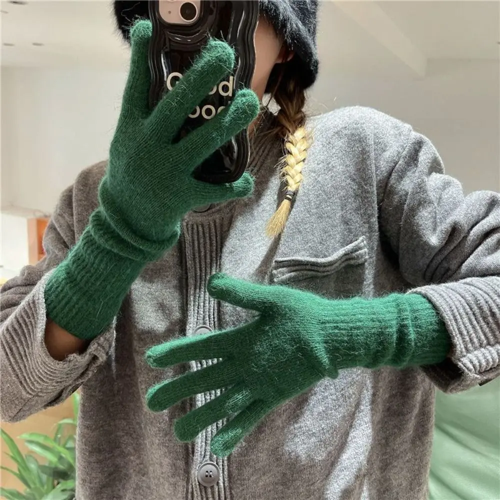 Women's Fashion Thermal Knitted Gloves Striped Rabbit Fur Autumn Winter Warm Gloves Thickened Windproof Split Finger Long Gloves