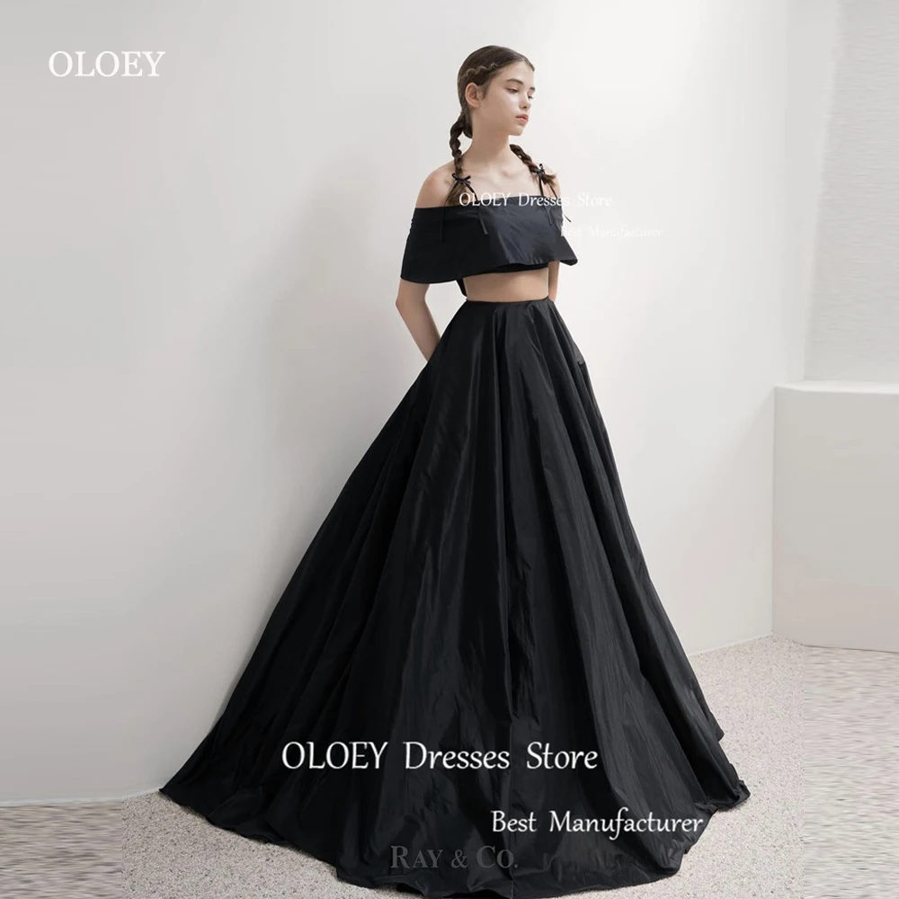 

OLOEY Simple Black Two Pieces Taffeta Evening Dresses Korea Photoshoot Off the Shoulder Floor Length Prom Gowns Party Dress