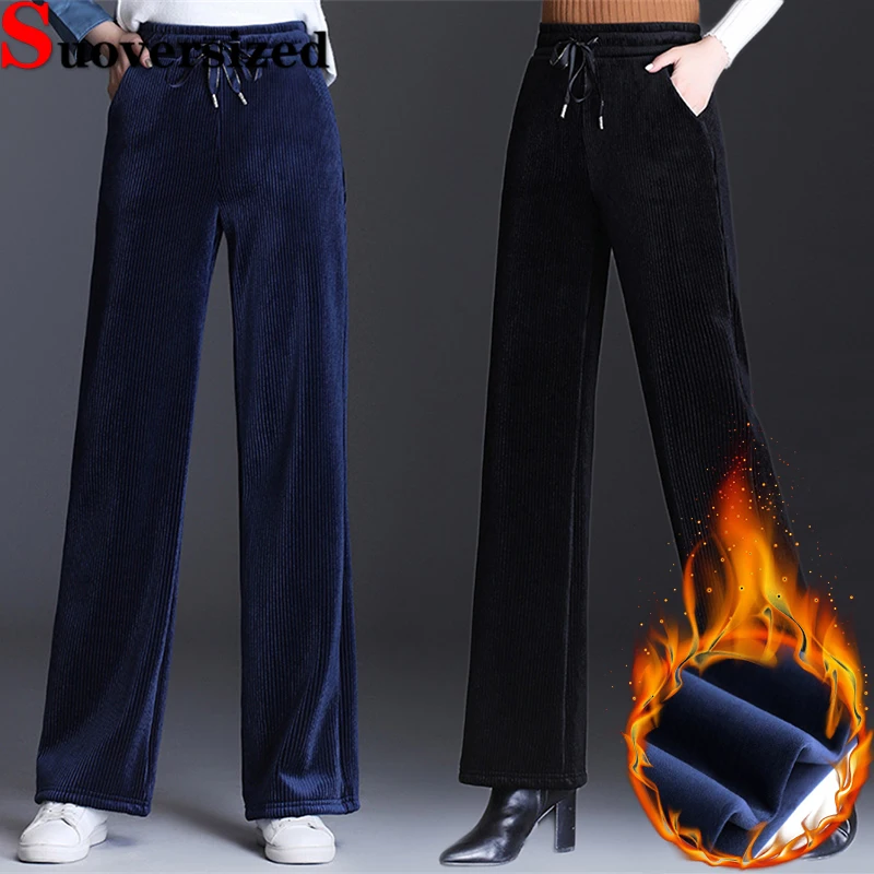 

Plush Lined Velvet Wide Leg Pants Winter Oversized 80kg Trousers Thicken Warm Straight Pantalon High Waist Casual Baggy Spodnie