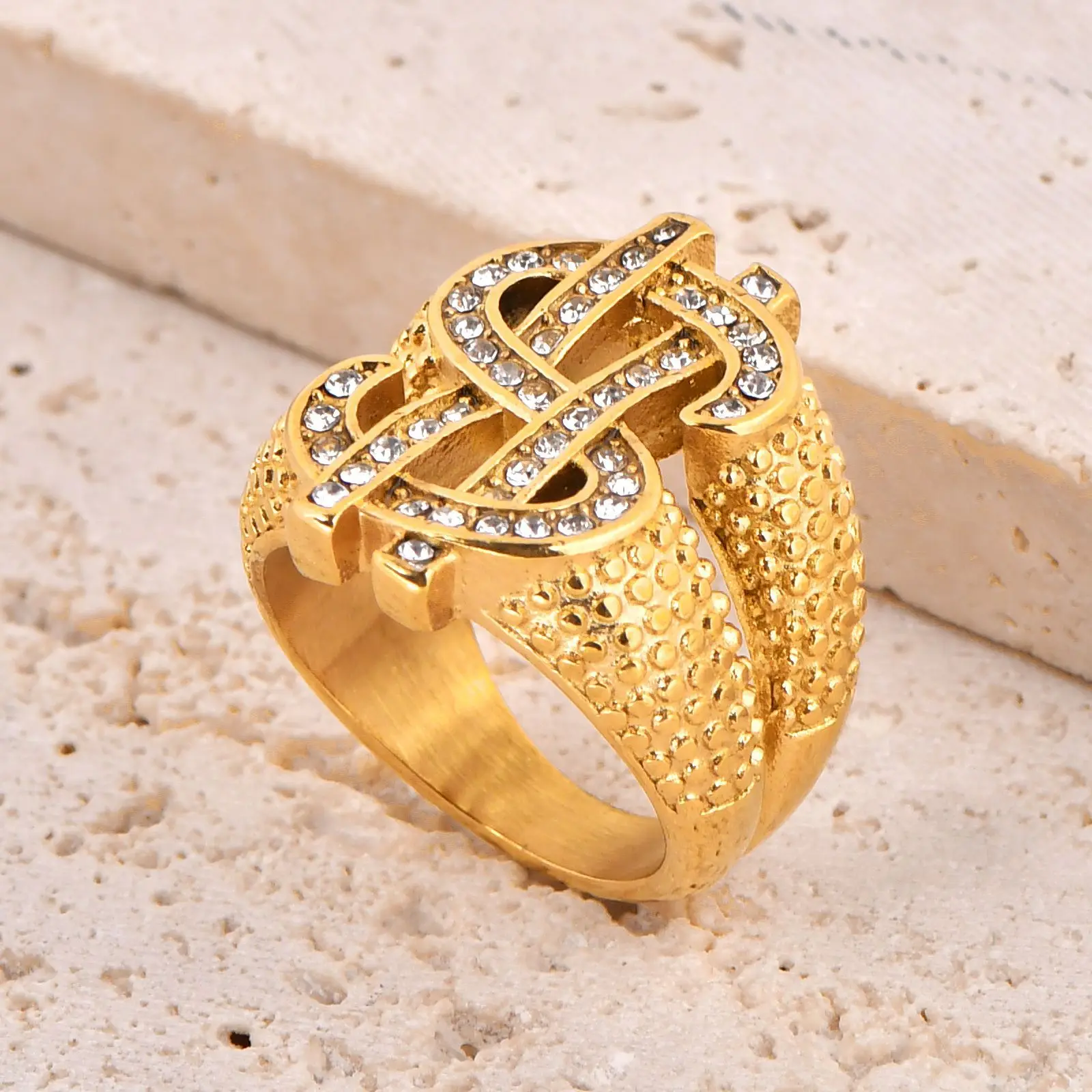 Hip Hop Iced Out Bling Dollar Signs Ring Gold Color Stainless Steel ...