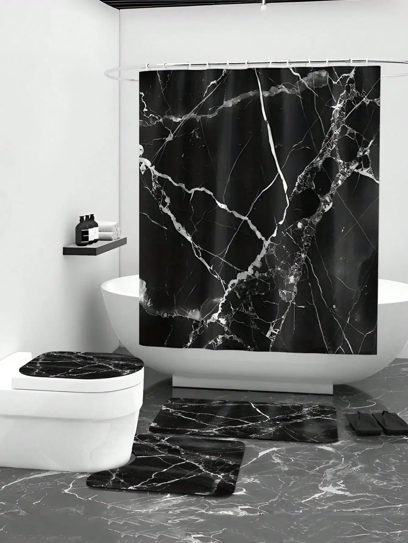 4pcs Waterproof Black Marble Pattern Polyester Shower Curtain Set, Fashionable Theme, Includes Hooks Accessories 4