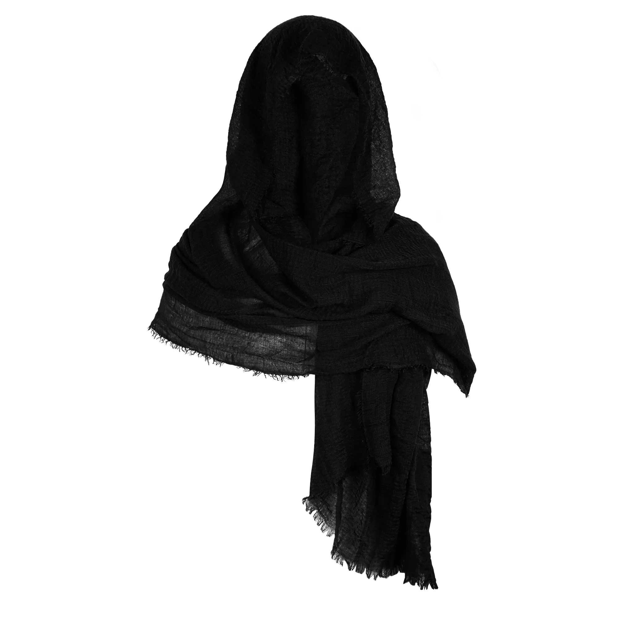 Model posing in full medieval cosplay with hooded scarf