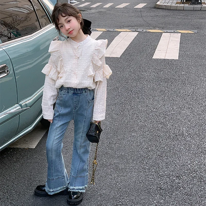 

Girls' Spring 2024 New Western Sweet Shirt Flare Pants Two Piece Set for Children's Fashion