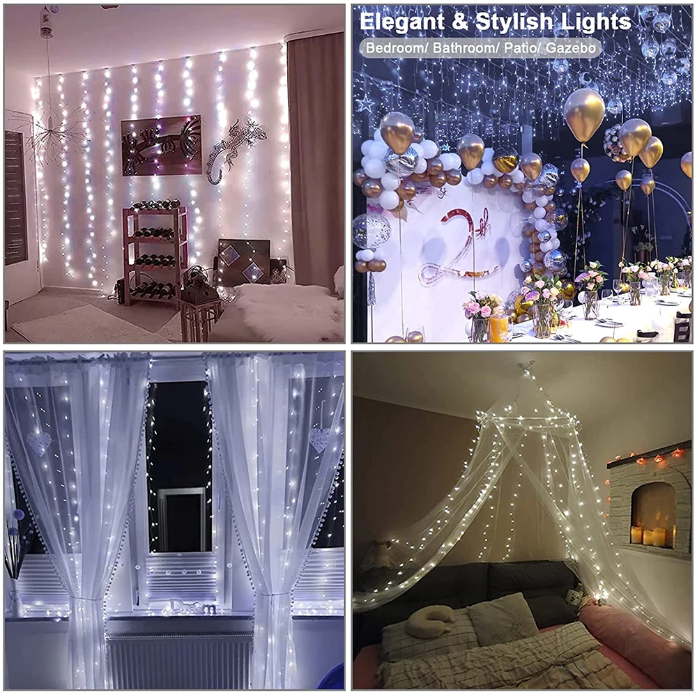 10ft 300 LED Window Curtain String Lights – 8 Modes, Remote, IP64 Waterproof