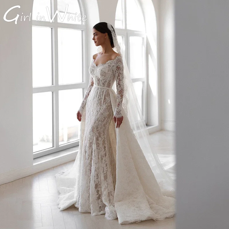 V-Neck Mermaid Wedding Dresses Off The Shoulder Long Sleeves Lace Applique Bridal Dress Formal Wedding Ball Prom Gown Customized
