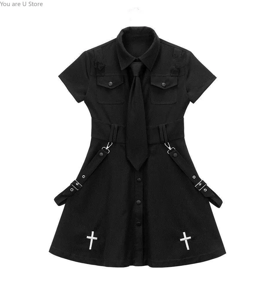 Wholesale Black Punk Goth Clothing Gotica Cross Embroidery Steampunk Dress Summer Dress Uniform