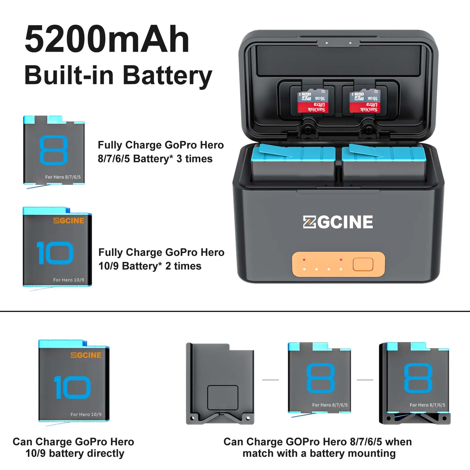 ZGCINE PS-G10 Mini Battery Charging Box For GoPro 11 10 9 8 7 6 5 5200mAh Smart Charging Case Battery Storage Box For Gopro Hero 2