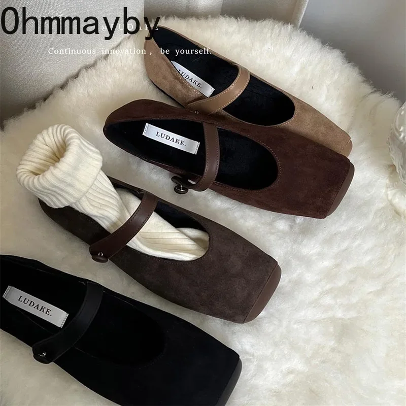 

2024 Spring Square Toe Women Flat Shoes Fashion Shallow Slip On Ladies Mary Jane Shoes Soft Suede Casual Outdoor Shoes