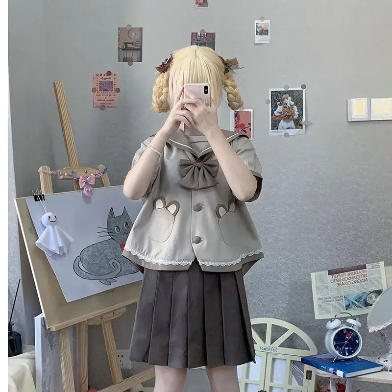 Japan High Quality Kawaii Jk Women Girl Sweet Cute Sailor Collar Bow Lace-Up Suit Set Student Girly Clothing Tops