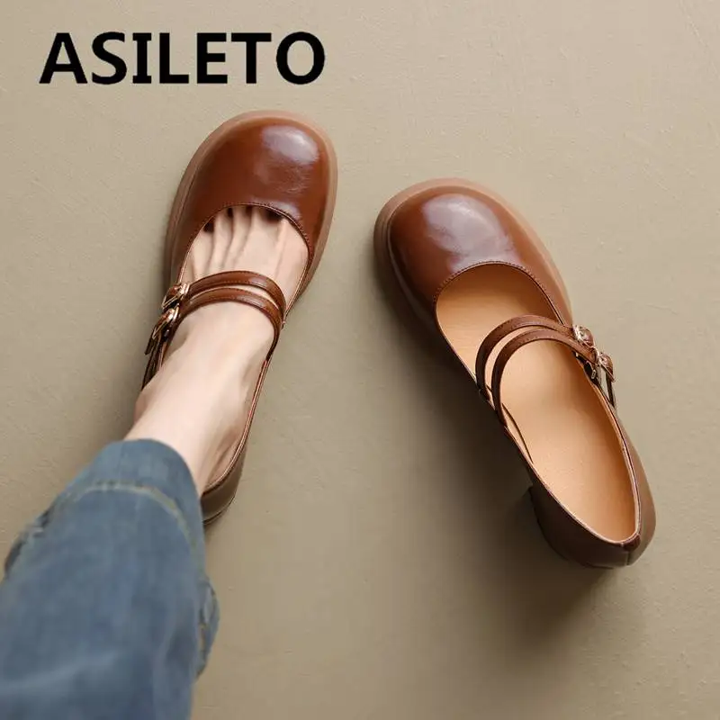 

ASILETO Design Shoes For Women Mary Jane Pumps Cow Leather Round Toe Chunky Heels 6cm Double Buckle Strap Sweet Dating S4636