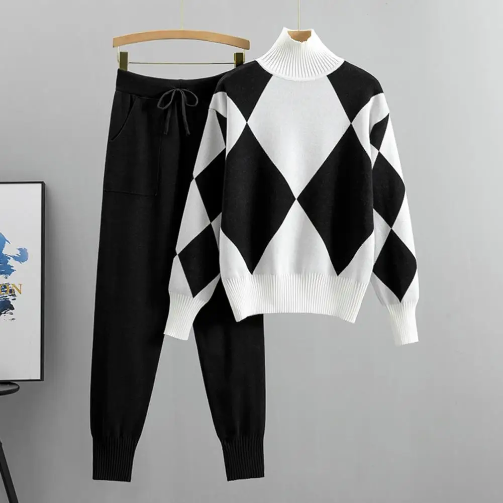 

Neck Protection Sweater Geometric Print Sweater Pants Set Cozy High Collar Knitwear for Women's Casual Winter Fall Wardrobe