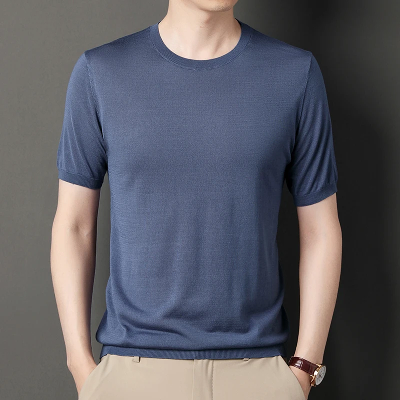 High Quality Men Silk Knit Tops 2022 Summer O-Neck Ice Silk Tee Shirts Male Short Sleeve Knitting Thin Clothing T-Shirts
