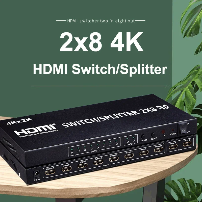 4K 3D HDMI Switch Box Selector 2x8 2 in 8 Out HDMI Splitter 1 To 8 Monitor Screen Display for PS4 DVD Laptop PC To TV Projector
