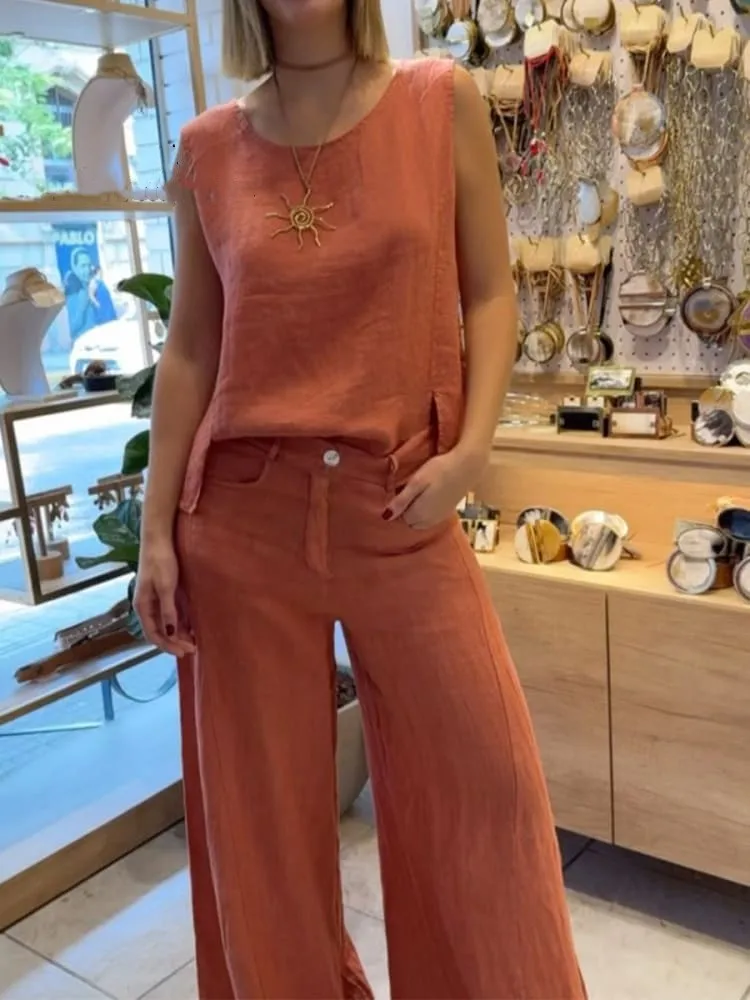 FashionSolidTwoPieceSetLadyCasualSleevelessO-NeckPulloverWideLegPantsSetsOfficeCommutingWomensClothingNew-AliExpress200000345