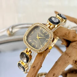 Women's Fashion Watch: Vintage Elegance with Square Diamond - Set Face and Colorful Crystal Band (Golden black)
