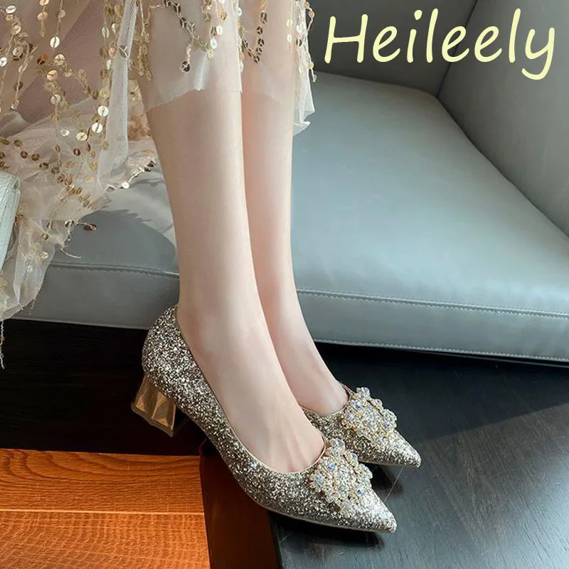 

5cm Fashion New Thick Low Heels with Rhinestone Pointed Toe Sequins Pumps Banquet Shoes for Women 41 42 43
