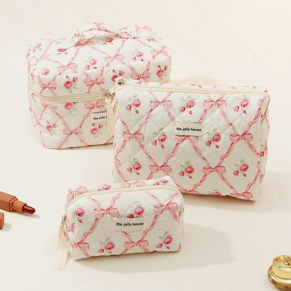Women Cute Bow Flower Zipper Quilting Cotton Makeup Bag